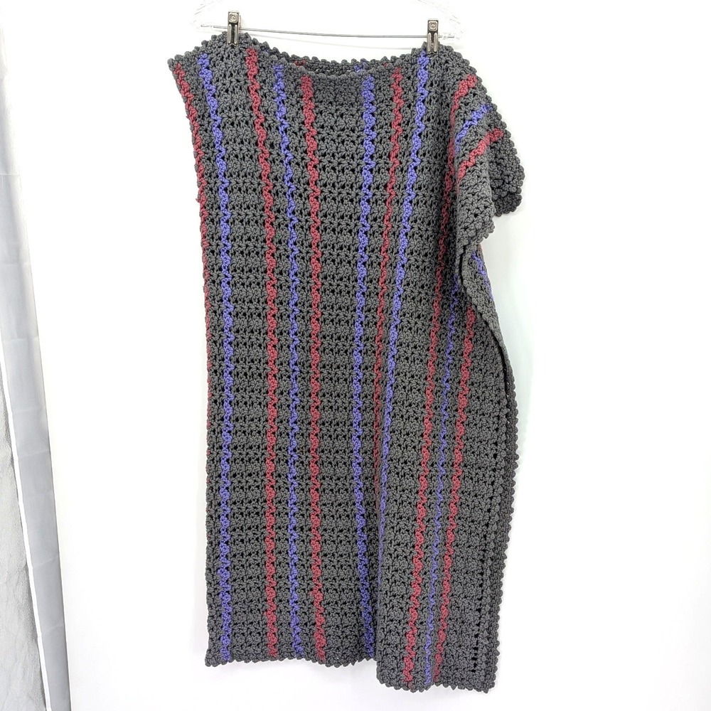 Handmade Crochet Throw Blanket Gray Purple Mauve‎ Striped Cozy 40x50